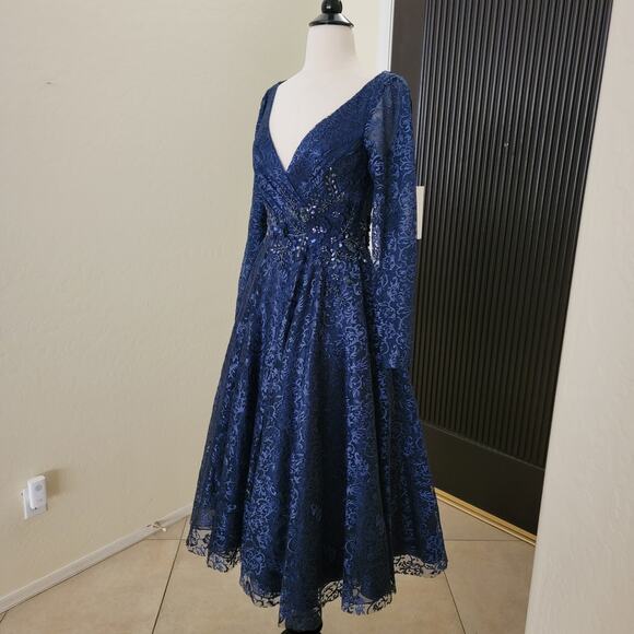 Mac Duggal 112181 Navy Blue 4 Floral Long Sleeve Midi Tea V Formal Gown Dress - Picture 4 of 11